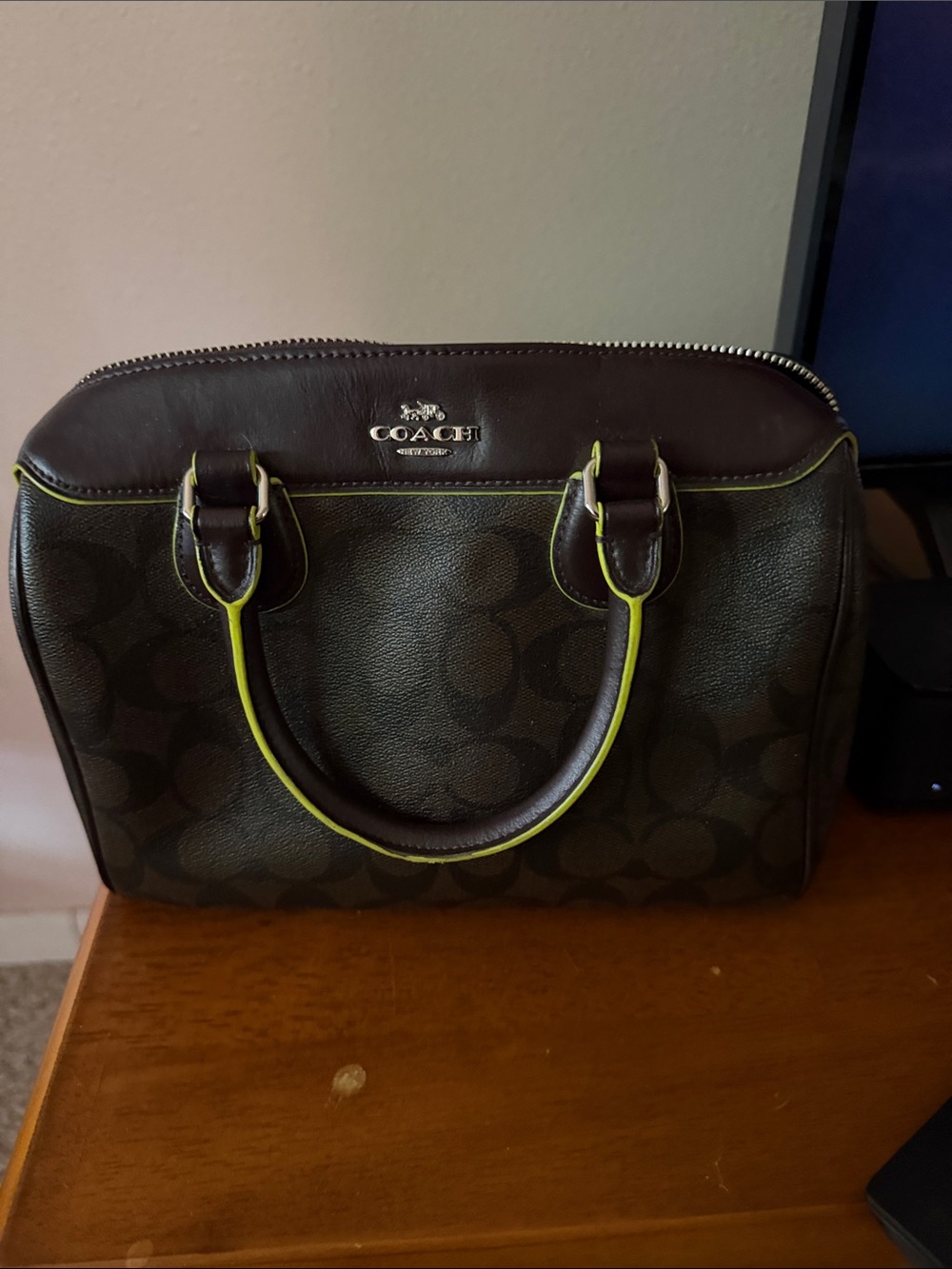 Coach Dark Brown Signature Satchel with Lime Trim